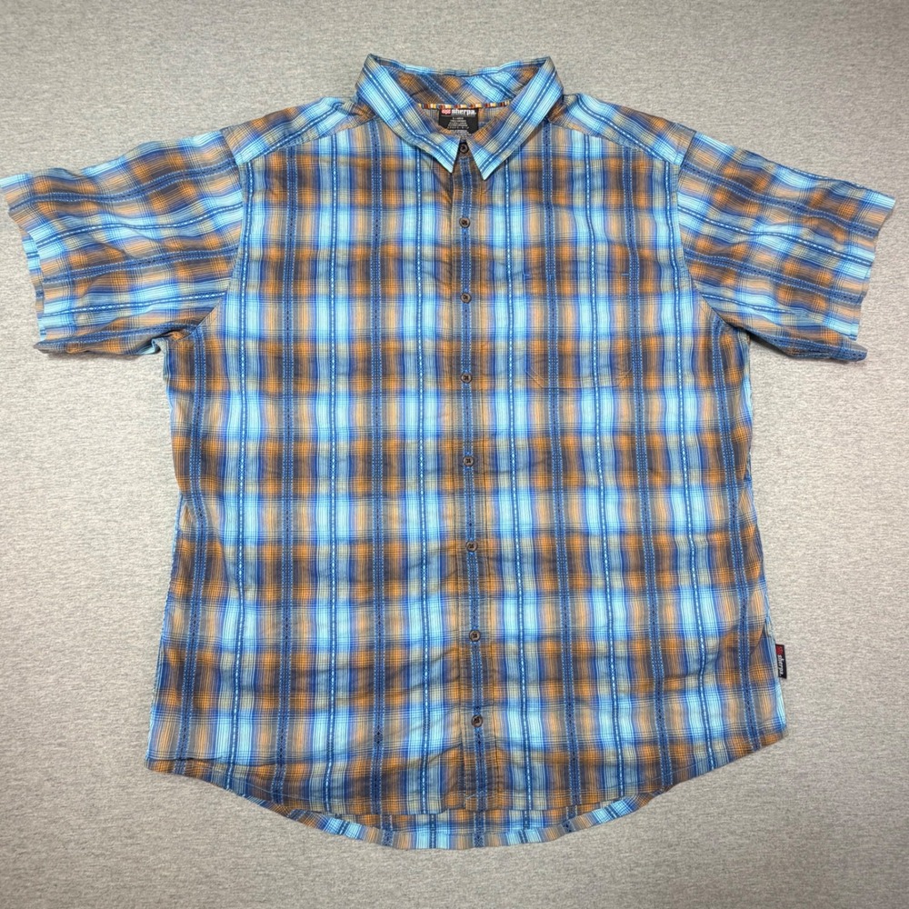 Sherpa Adventure Gear Mens XL Blue Orange Plaid Short Sleeve Button Down Shirt